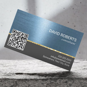 Professional Blue Metallic QR Code Business Card