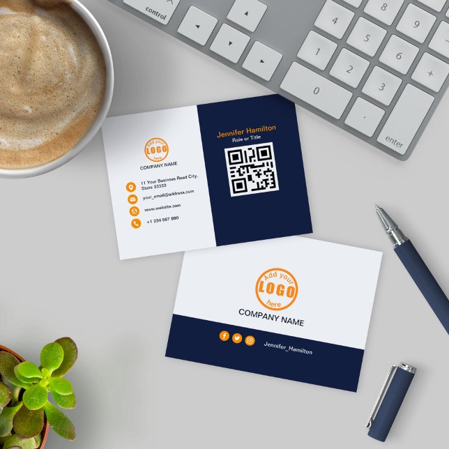 Professional Blue Orange add your Logo QR Code Business Card (Creator Uploaded)