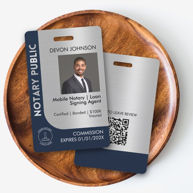 Professional Blue Silver Notary Logo Photo QR Code ID Badge (Creator Uploaded)