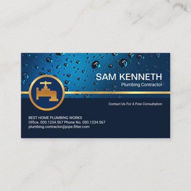 Professional Blue Water Drop Gold Faucet Business Card (Front)
