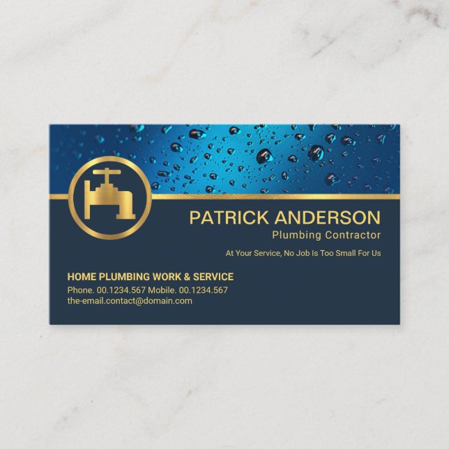 Professional Blue Water Drops Gold Faucet Plumber Business Card (Front)
