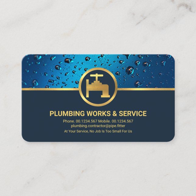 Professional Blue Water Drops Gold Faucet Plumbing Business Card (Front)