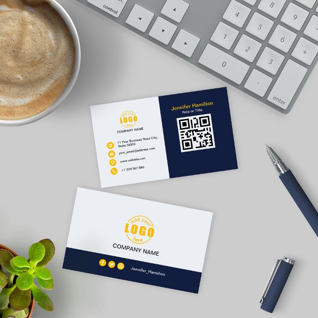 Professional Blue Yellow add your Logo QR Code Business Card (Creator Uploaded)
