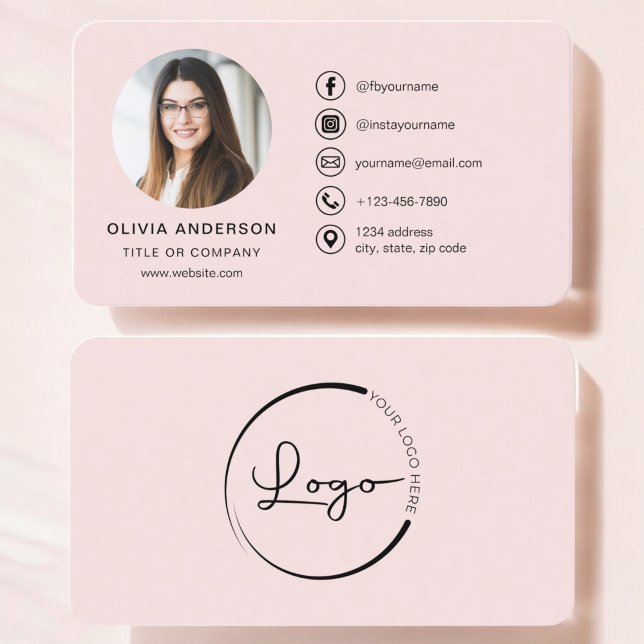 Professional Blush Pink Photo Logo Social Media Business Card (Creator Uploaded)