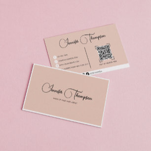 Professional Boho Beige Script QR Code Busines Business Card