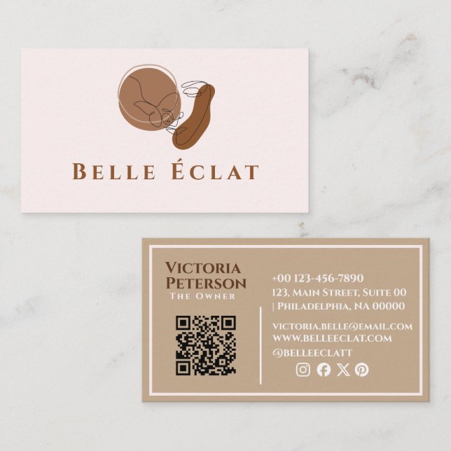 Professional Boho Lineart Beige White QR Code  Business Card (Front/Back)