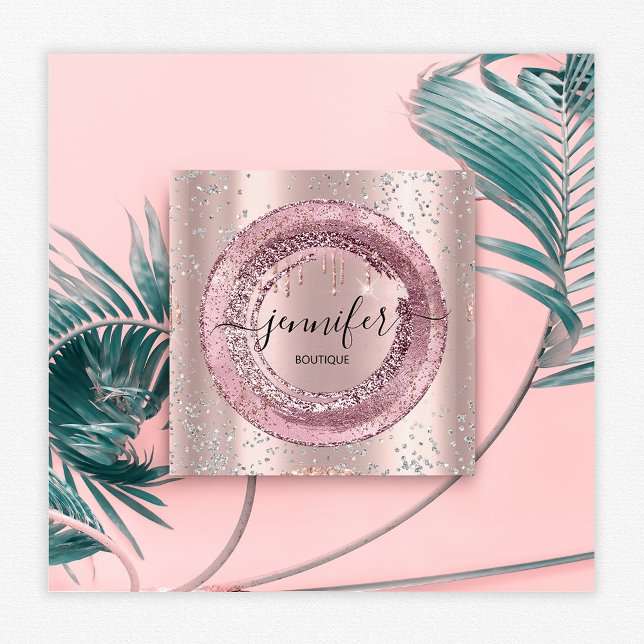 Professional Boutique Beauty Shop Rose Blush  Grey Square Business Card (Creator Uploaded)