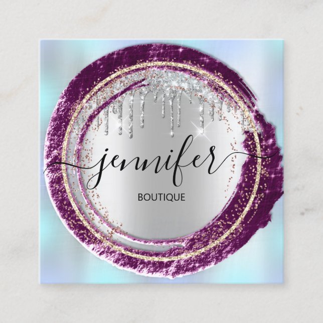 Professional Boutique Shop Blue Rose Silver Gold Square Business Card (Front)