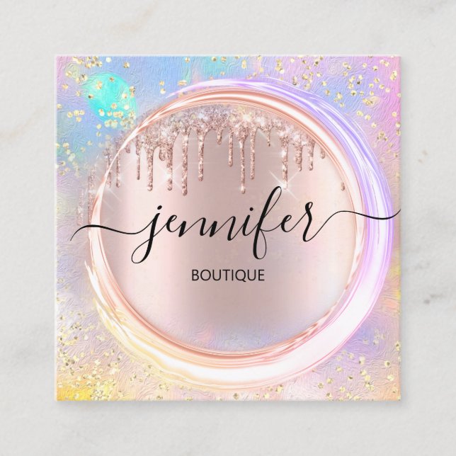 Professional Boutique Shop Drips  Pink Holograph Square Business Card (Front)