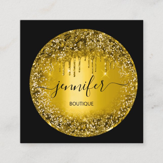 Professional Boutique Shop Glitter Drip Gold Spark Square Business Card (Front)