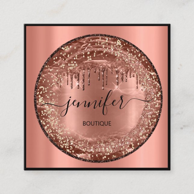 Professional Boutique Shop Glitter Drip Rose Gold Square Business Card (Front)