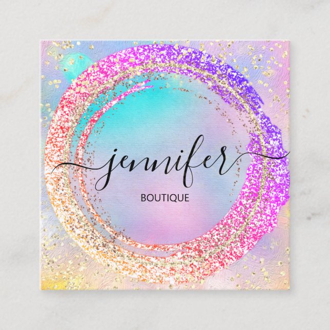 Professional Boutique Shop Glitter Glam Holograph Square Business Card (Front)