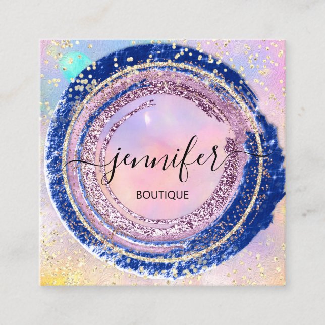 Professional Boutique Shop Glitter Holograph Blue Square Business Card (Front)