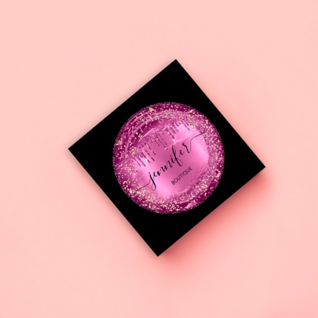 Professional Boutique Shop Glitter Pink Drips Blac Square Business Card (Professional Boutique Shop Glitter Pink Drips Blac Square Business Card)