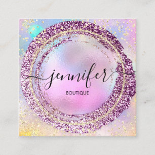Professional Boutique Shop Glitter Pink Holograph Square Business Card