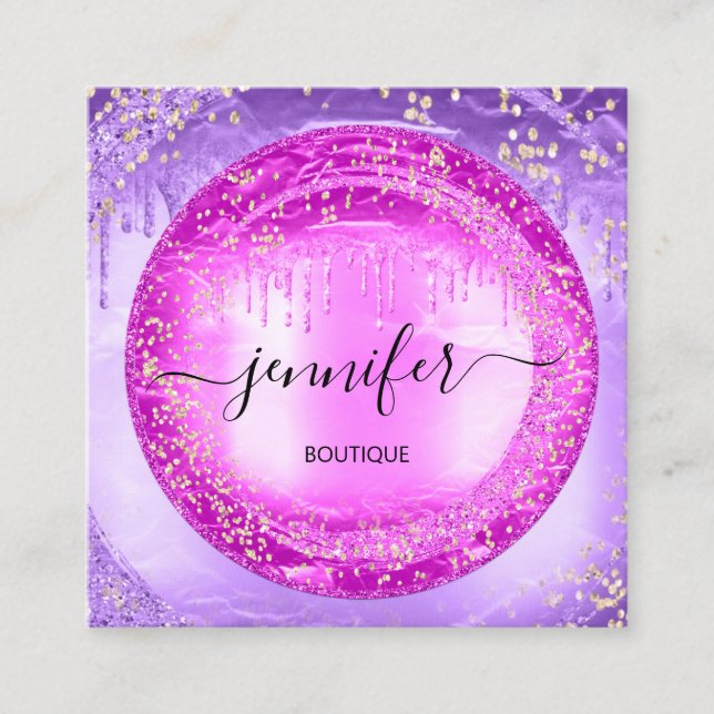Professional Boutique Shop Glitter Purple Pink Square Business Card (Front)