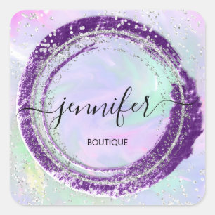 Professional Boutique Shop Glitter Purple Silver Square Sticker