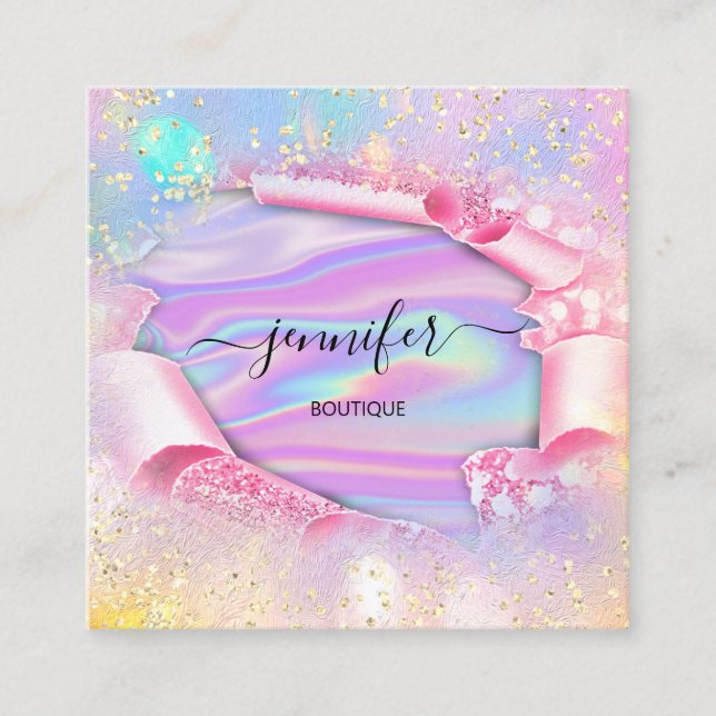 Professional Boutique Shop Name Glitter Holograph  Square Business Card (Front)