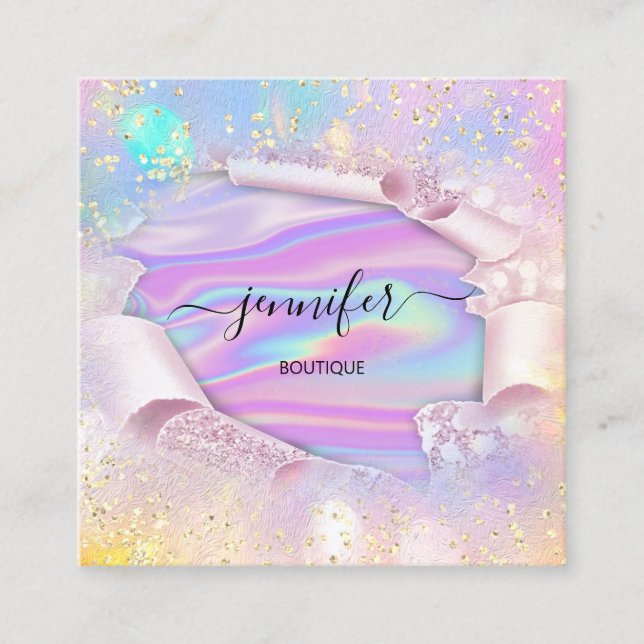 Professional Boutique Shop Name Holograph Glitter  Square Business Card (Front)