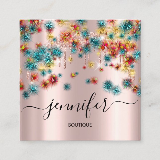 Professional Boutique Shop Rose Confetti Teal Square Business Card (Front)