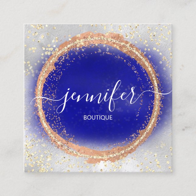 Professional Boutique Shop Royal Blue Gold Copper Square Business Card (Front)