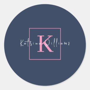 Professional Branding Logo Navy Blue Pink Monogram Classic Round Sticker