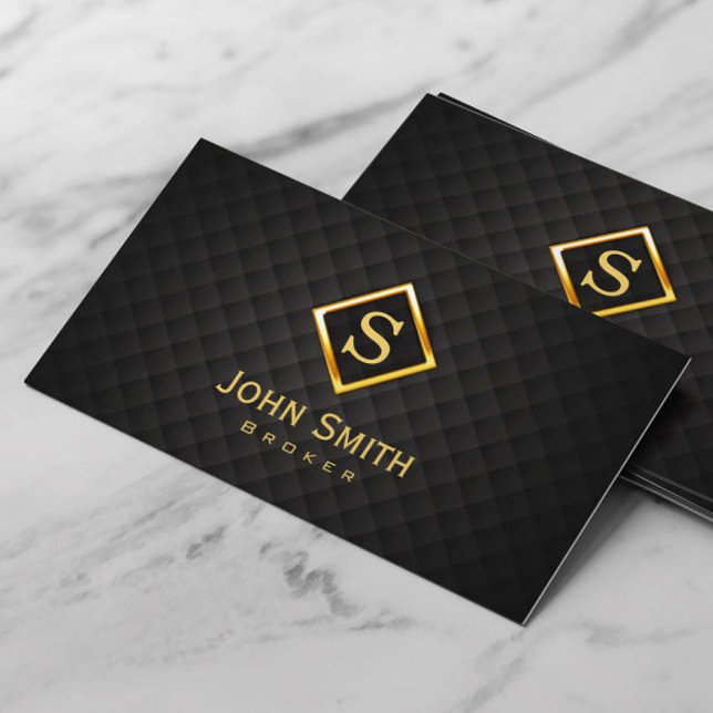 Professional Broker Modern Gold Monogram Lux Black Business Card (Creator Uploaded)