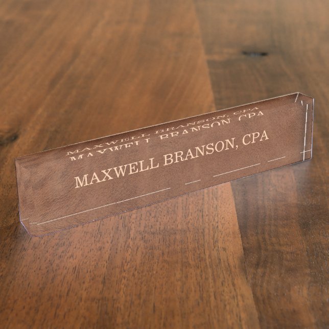 Professional Brown Leather Name Title One Line   Nameplate (Side)
