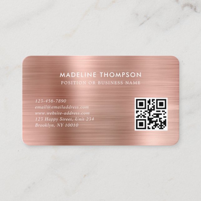 Professional Brushed Metal Rose Gold Logo QR Code Business Card (Front)