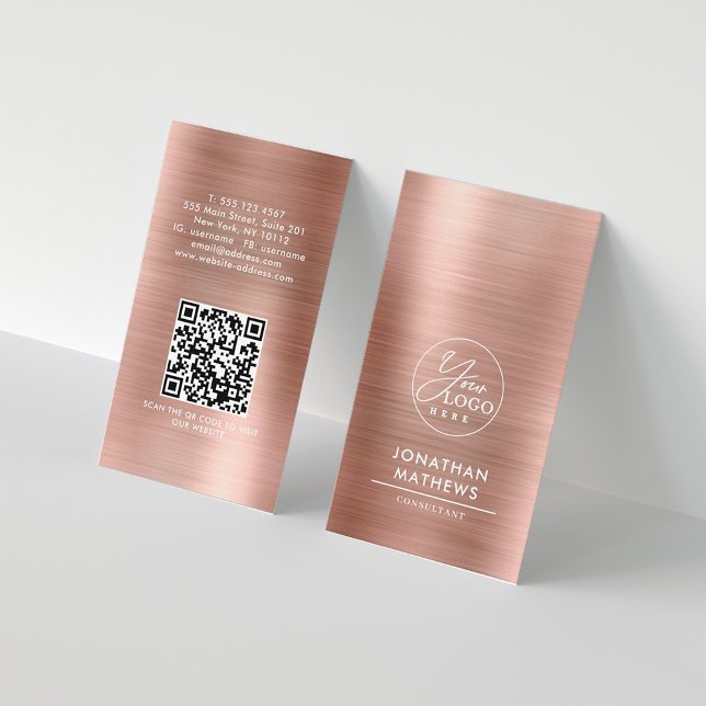Professional Brushed Metal Rose Gold Logo QR Code Business Card (Creator Uploaded)
