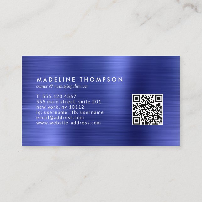 Professional Brushed Metal Royal Blue QR Code Business Card (Back)