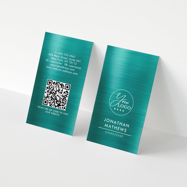 Professional Brushed Metallic Teal Logo QR Code Business Card (Creator Uploaded)