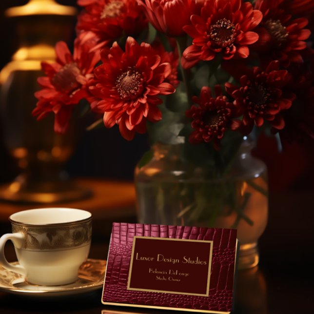 Professional Burgundy Faux Crocodile Custom  Business Card (Elegant Faux Crocodile Pattern Business Card in Burgundy)