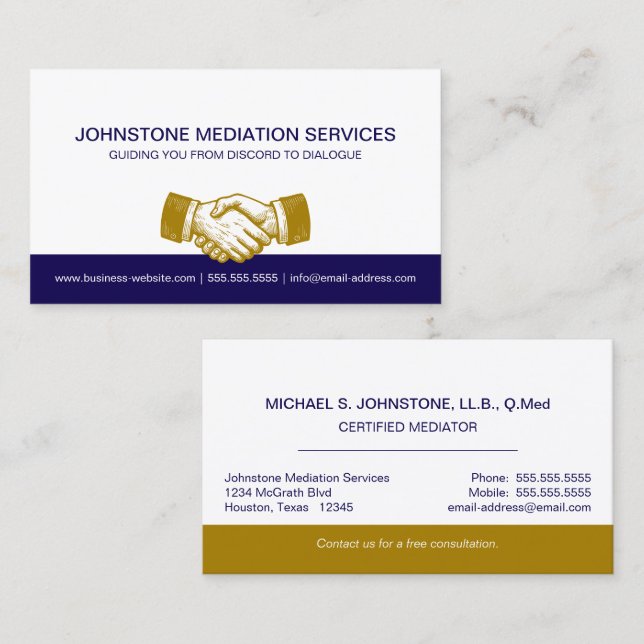Professional Business Blue Gold Handshake Business Card (Front/Back)