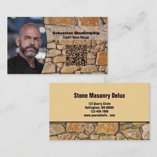 Professional Business Photo Stone Wall & QR Code Card (Front/Back)