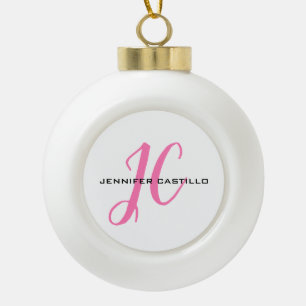 Professional Calligraphy Script Monogram Girly Ceramic Ball Christmas Ornament