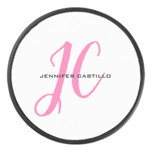Professional Calligraphy Script Monogram Girly Hockey Puck