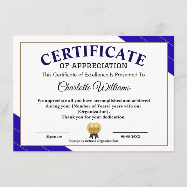 Professional Certificate of Appreciation Award (Front)