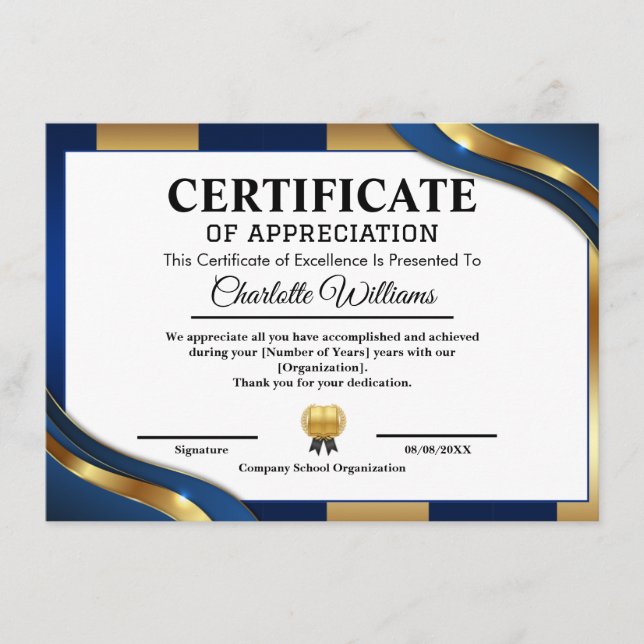 Professional Certificate of Appreciation Blue Gold (Front)
