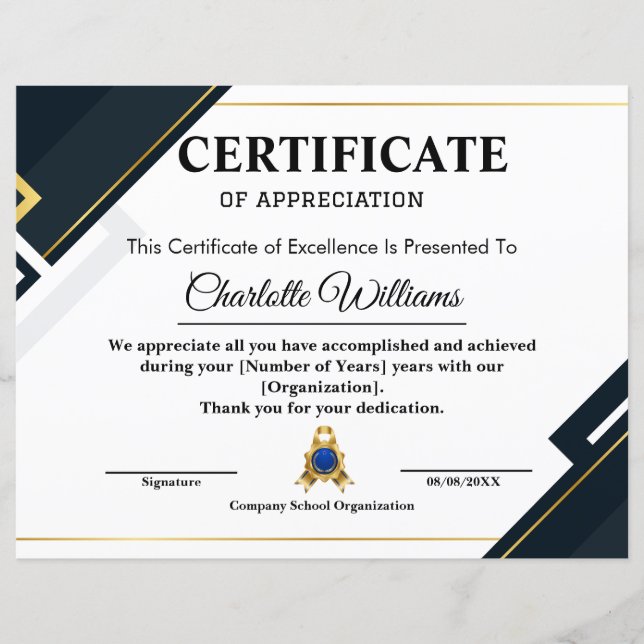 Professional Certificate of Appreciation Blue Gold (Front)