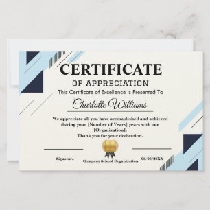 Professional Certificate of Appreciation Blue Gold Stationery