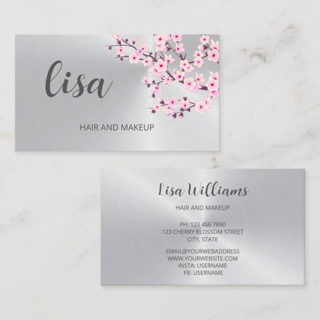 Professional Cherry Blossom Pink Silver Business C Business Card (Front/Back)