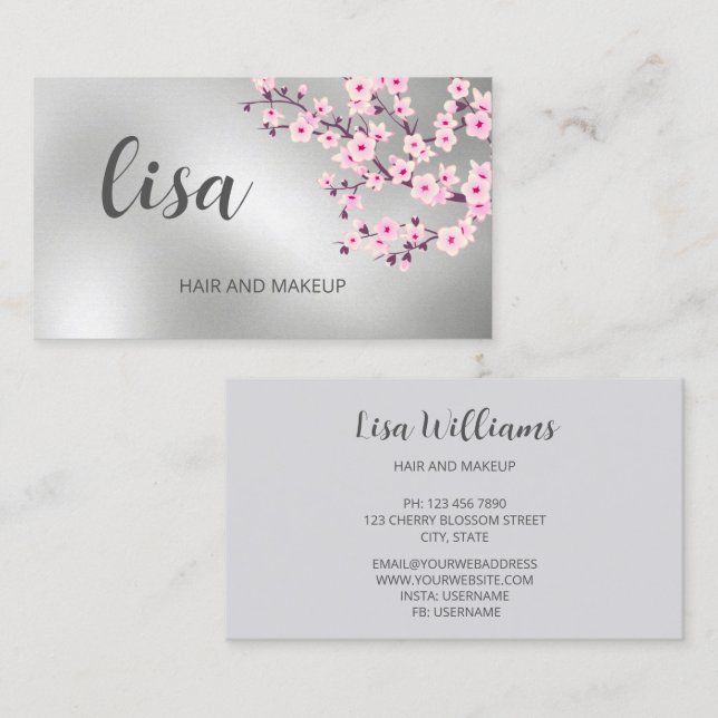 Professional Cherry Blossom Pink Silver Business C Card (Front/Back)