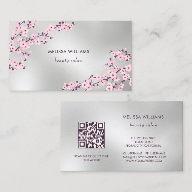 Professional Cherry Blossom Pink Silver Business Card (Front/Back)
