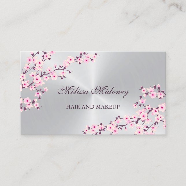 Professional Cherry Blossom Pink Silver Business Card (Front)
