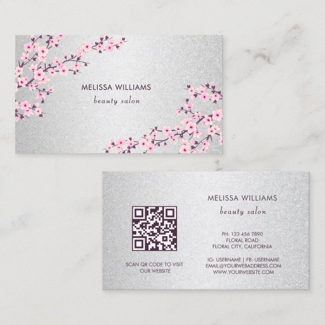 Professional Cherry Blossom Pink Silver Business Card (Front/Back)