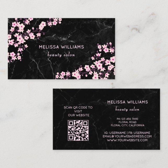 Professional Cherry Blossoms Black Marble Business Card (Front/Back)