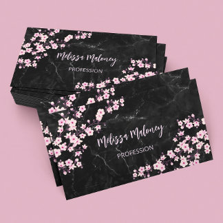 Professional Cherry Blossoms Black Marble Business Card
