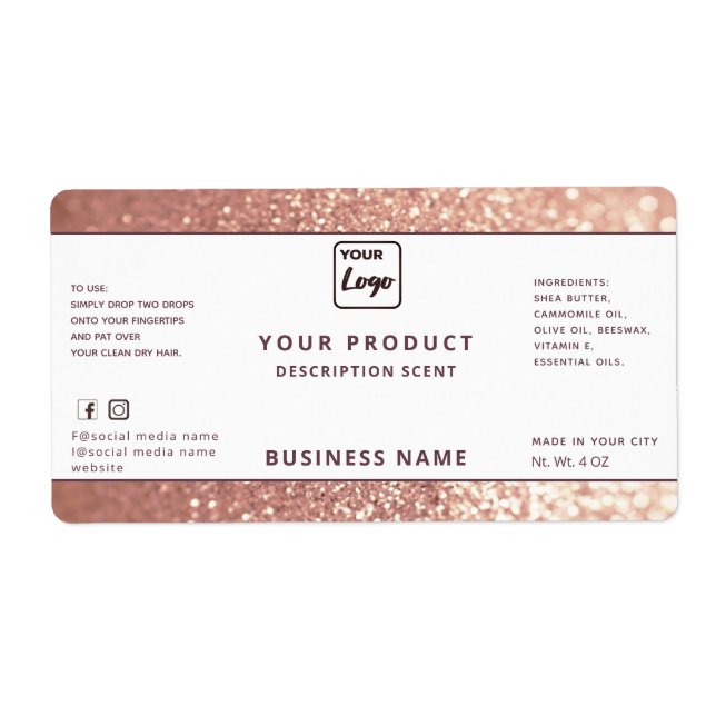Professional chic rose gold glitter product label (Front)