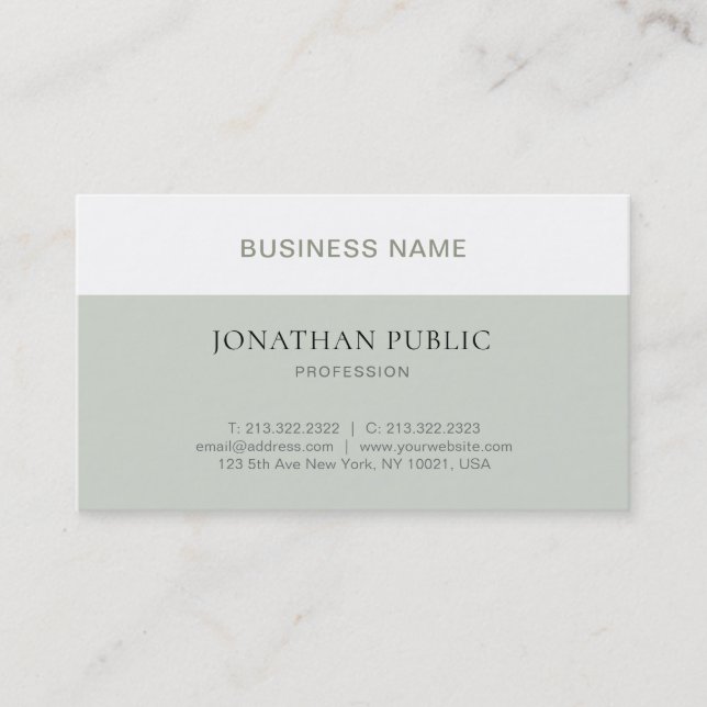 Professional Chic Simple Design Beige Green White Business Card (Front)